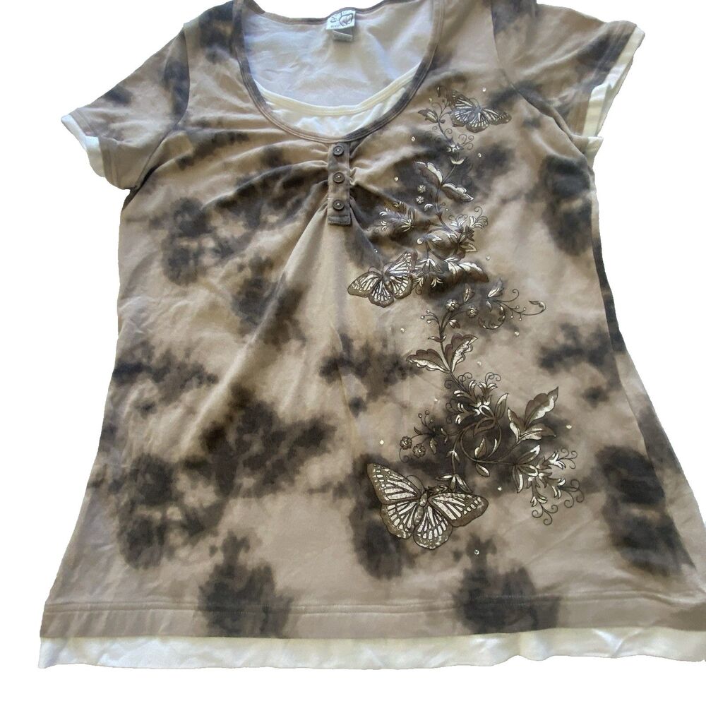 Stretch Party Womens 1X Brown Tie Dye Butterfly Short Sleeve Henley Top Shirt